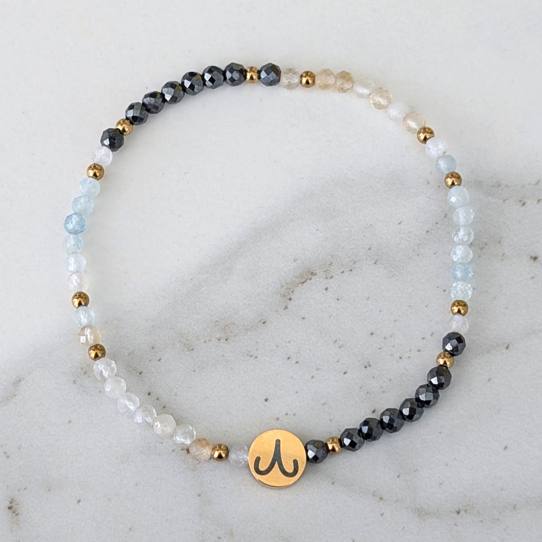 Hematite, Aquamarine and Citrine Aries Zodiac Gemstone Bracelet 