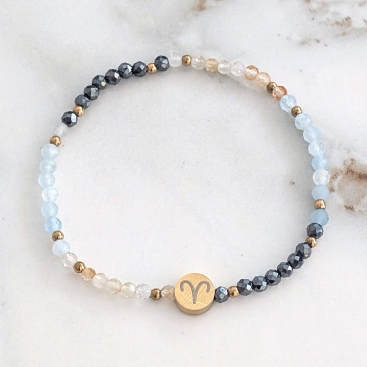 Hematite, Aquamarine and Citrine Aries Zodiac Gemstone Bracelet 