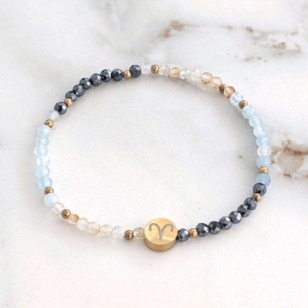 Hematite, Aquamarine and Citrine Aries Zodiac Gemstone Bracelet 
