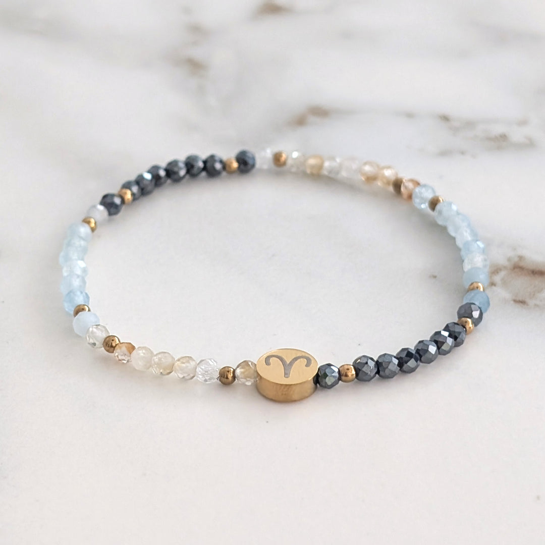 Hematite, Aquamarine and Citrine Aries Zodiac Gemstone Bracelet 