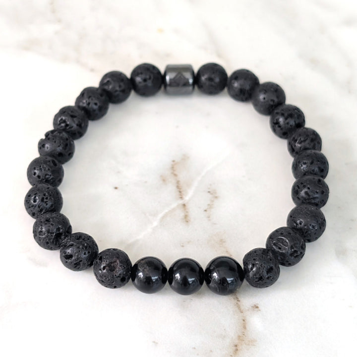 men's black tourmaline and lava stone October birthstone gemstone bracelet 