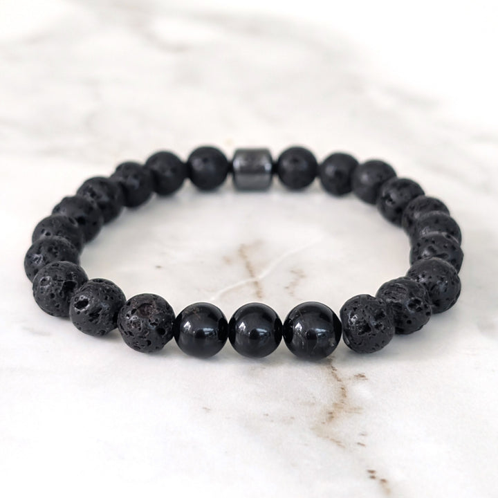 men's black tourmaline and lava stone October birthstone gemstone bracelet 