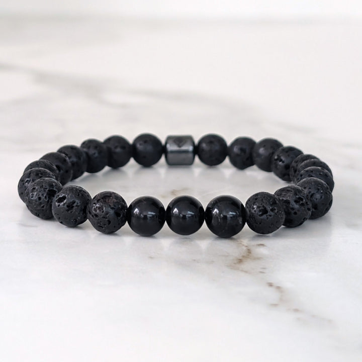 men's black tourmaline and lava stone October birthstone gemstone bracelet 