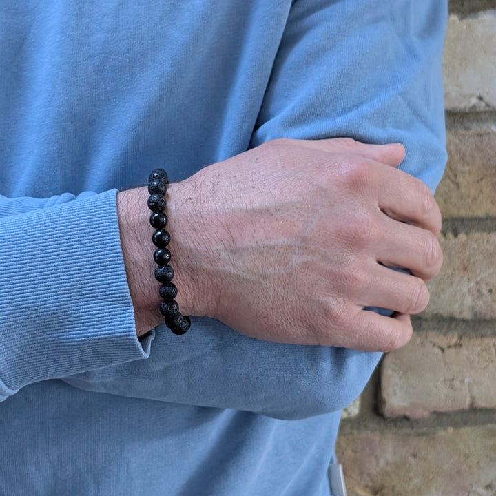 men's black tourmaline and lava stone October birthstone gemstone bracelet 