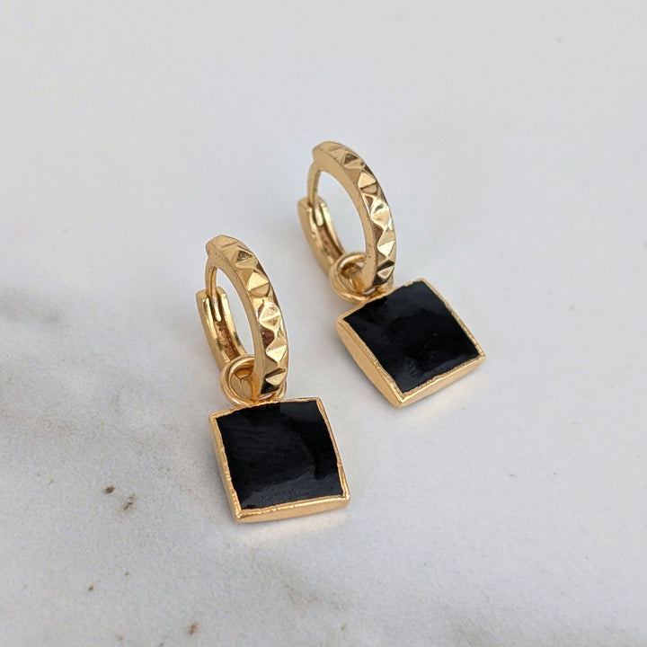 gold black tourmaline square charm hoop earrings