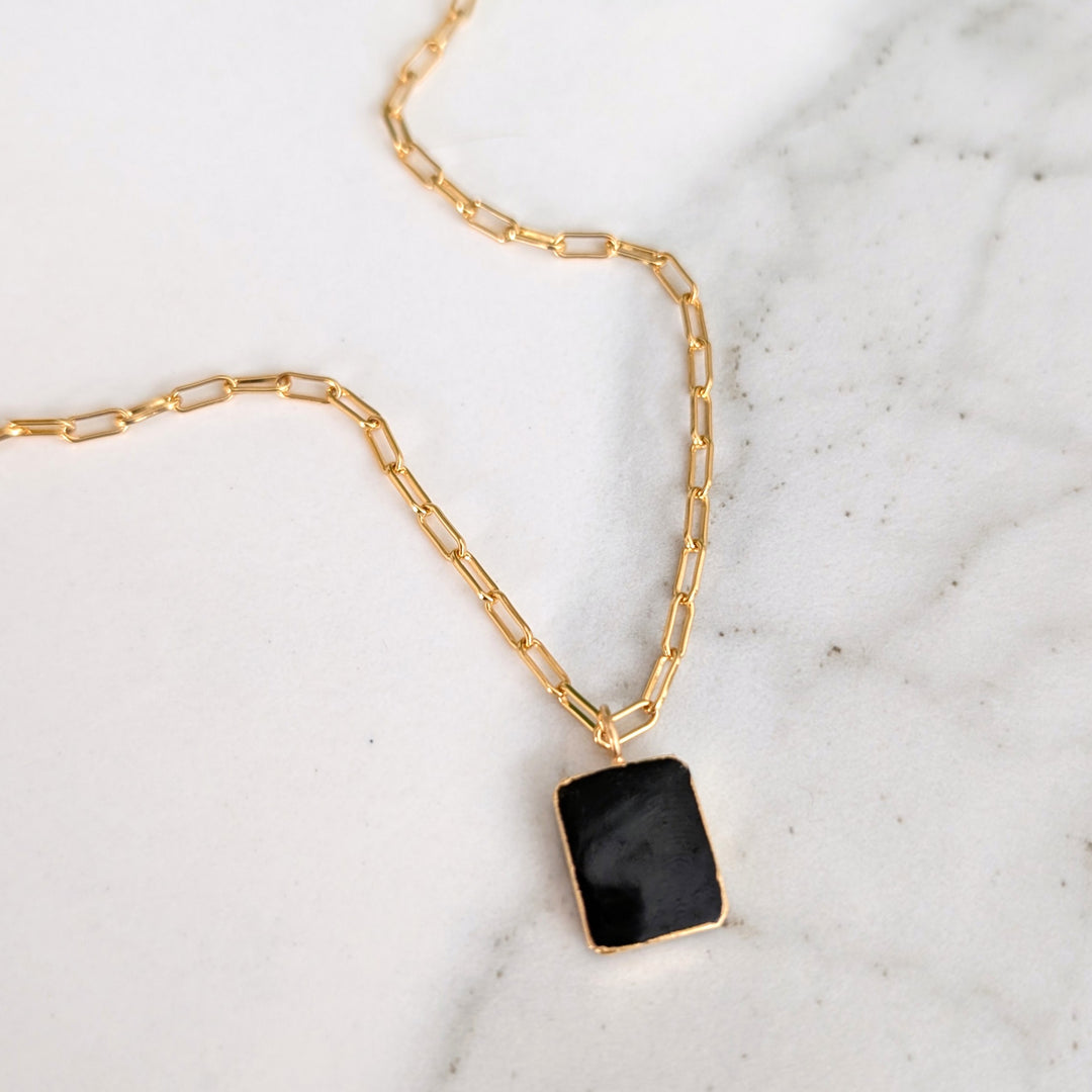 gold plated sterling silver black tourmaline rectangular pendant necklace