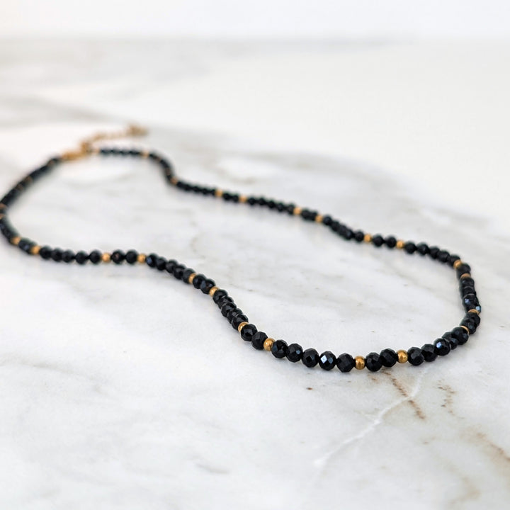 Black Tourmaline Gemstone and Gold Bead Necklace, 3mm Faceted