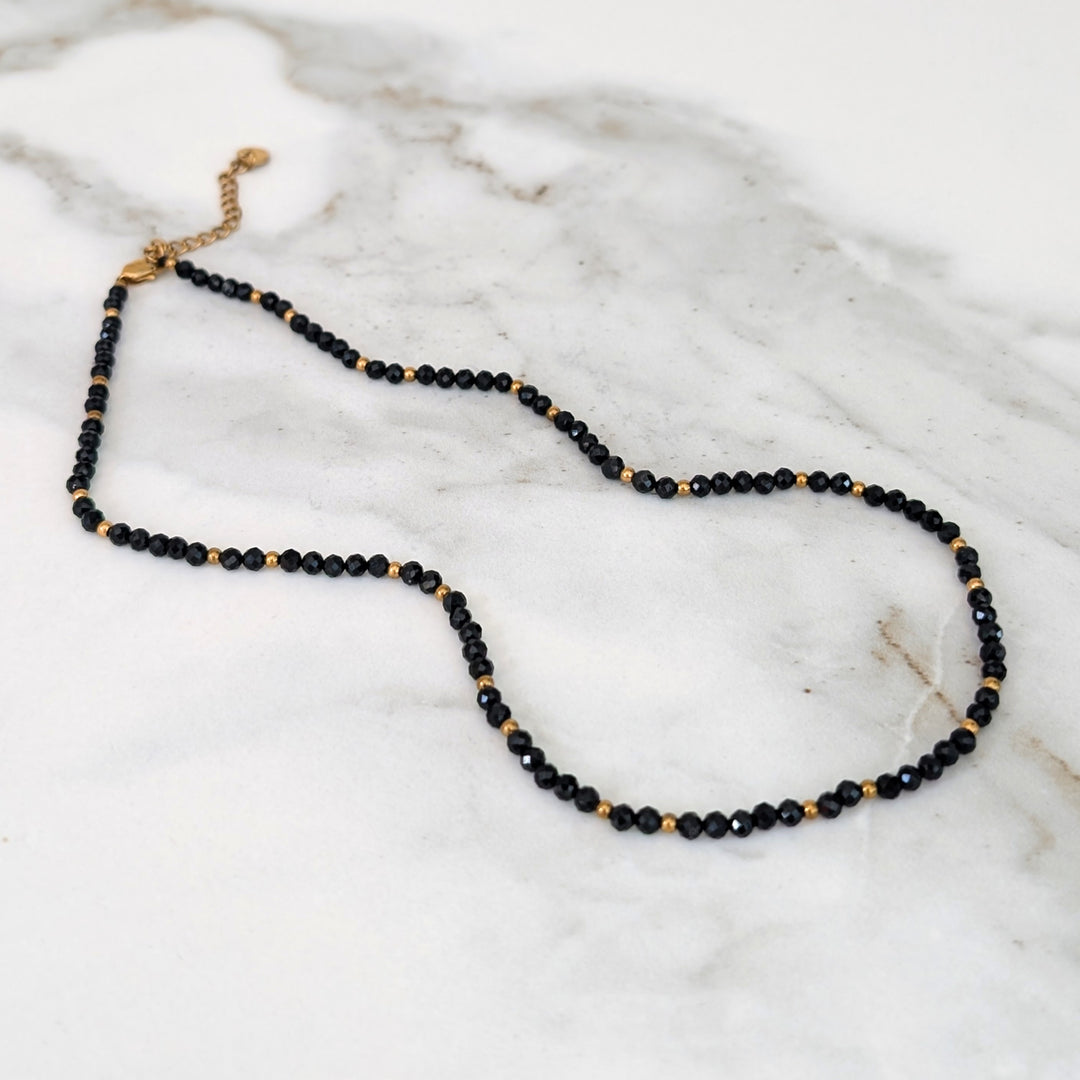 Black Tourmaline Gemstone and Gold Bead Necklace, 3mm Faceted