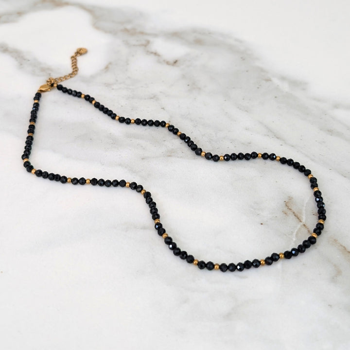 Black Tourmaline Gemstone and Gold Bead Necklace, 3mm Faceted