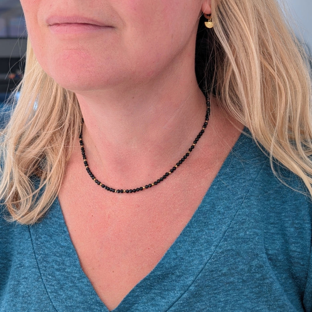 black tourmaline gemstone and gold bead faceted bead necklace 
