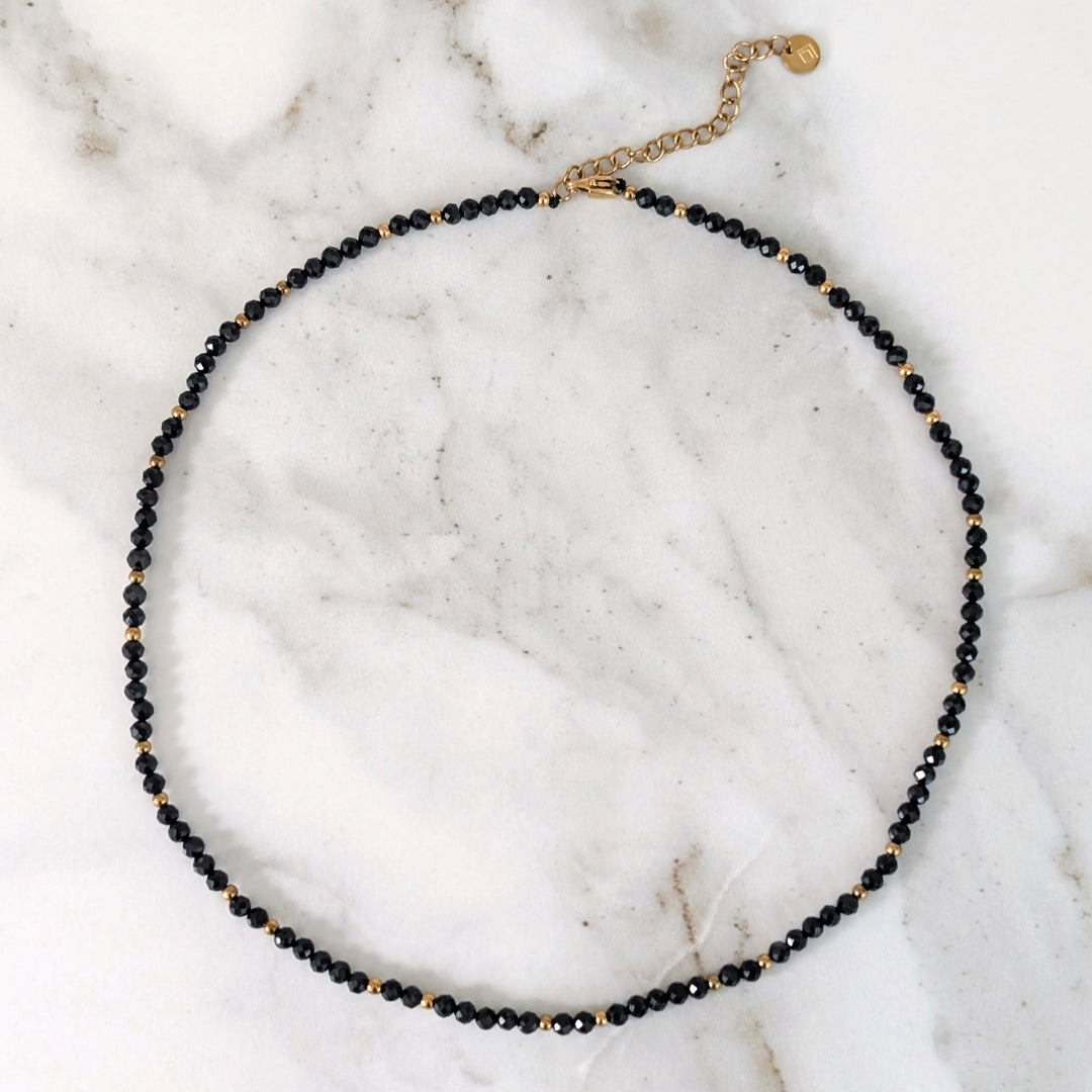 black tourmaline gemstone and gold bead faceted bead necklace 