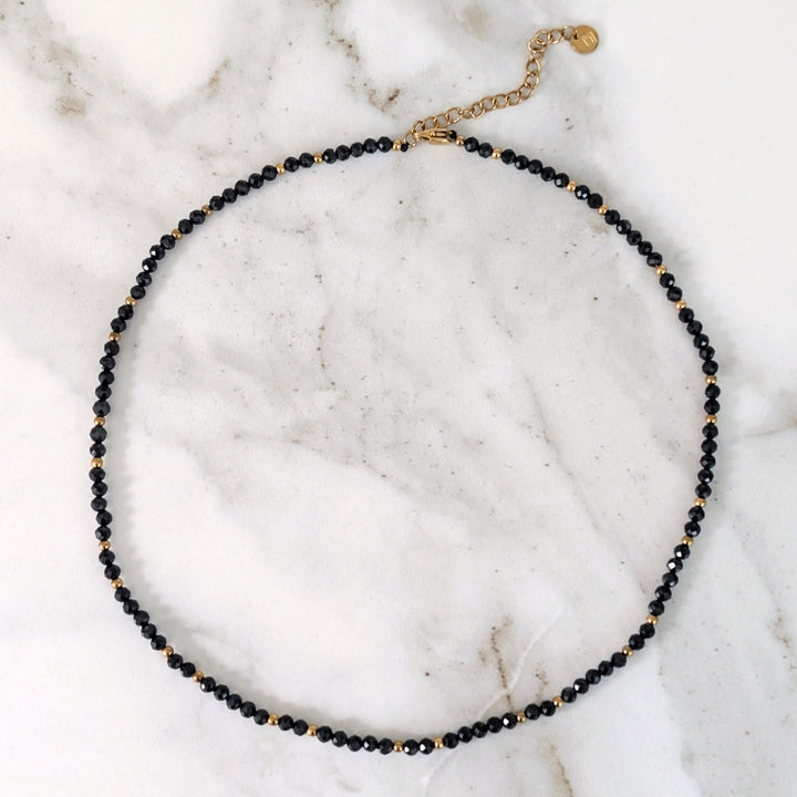 black tourmaline gemstone and gold bead faceted bead necklace 