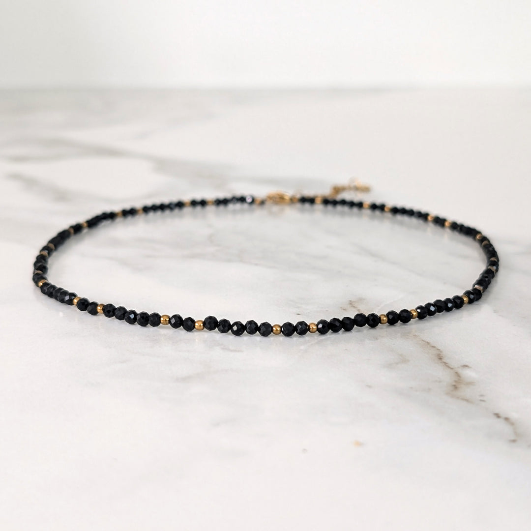black tourmaline gemstone and gold bead faceted bead necklace 