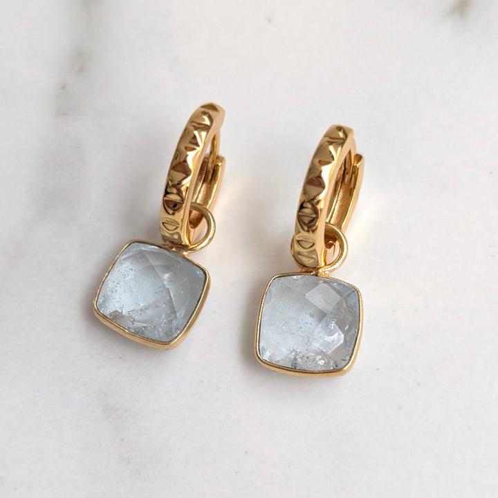 blue topaz square cushion hoop earrings 