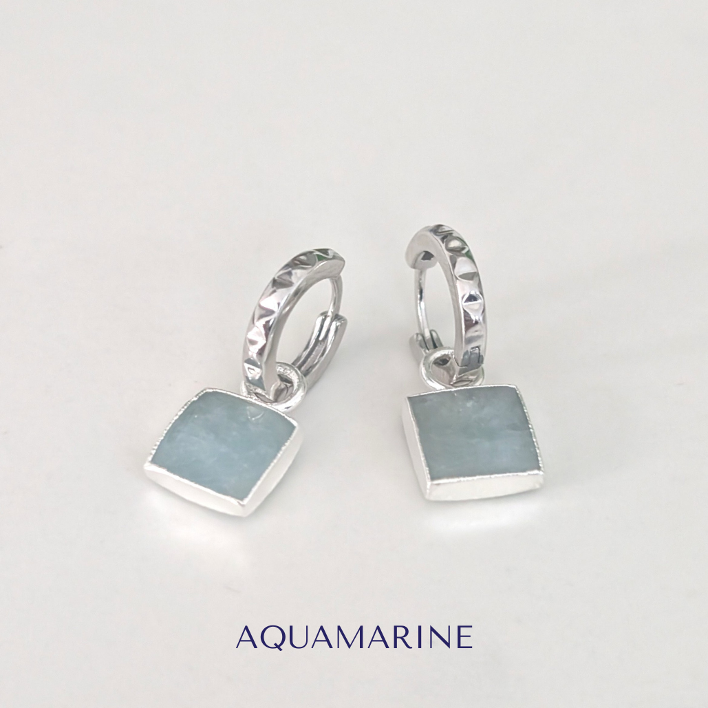 silver aquamarine square charm earrings