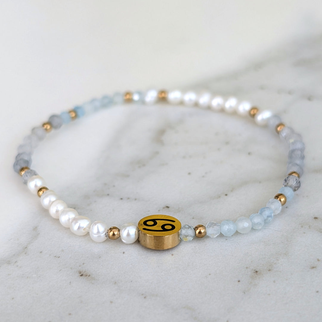 Aquamarine, labradorite and pearl Cancer zodiac gemstone bracelet 