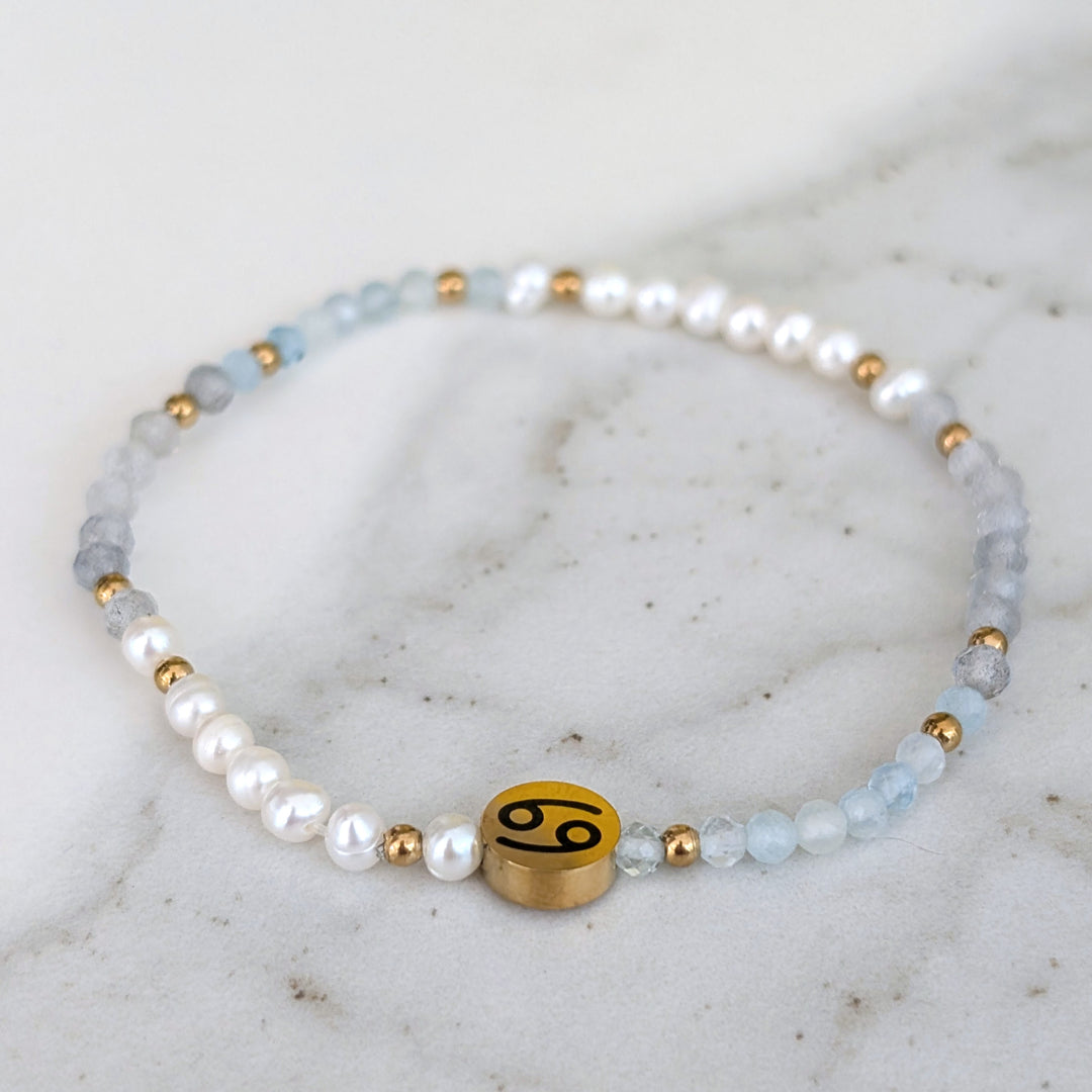 Aquamarine, labradorite and pearl Cancer zodiac gemstone bracelet 