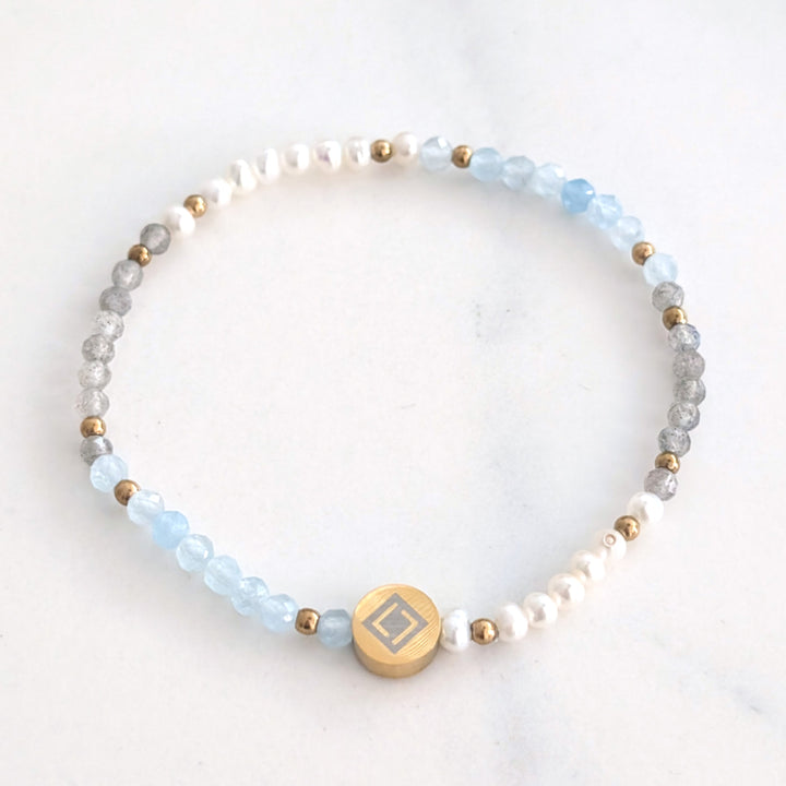 Aquamarine, labradorite and pearl Cancer zodiac gemstone bracelet 