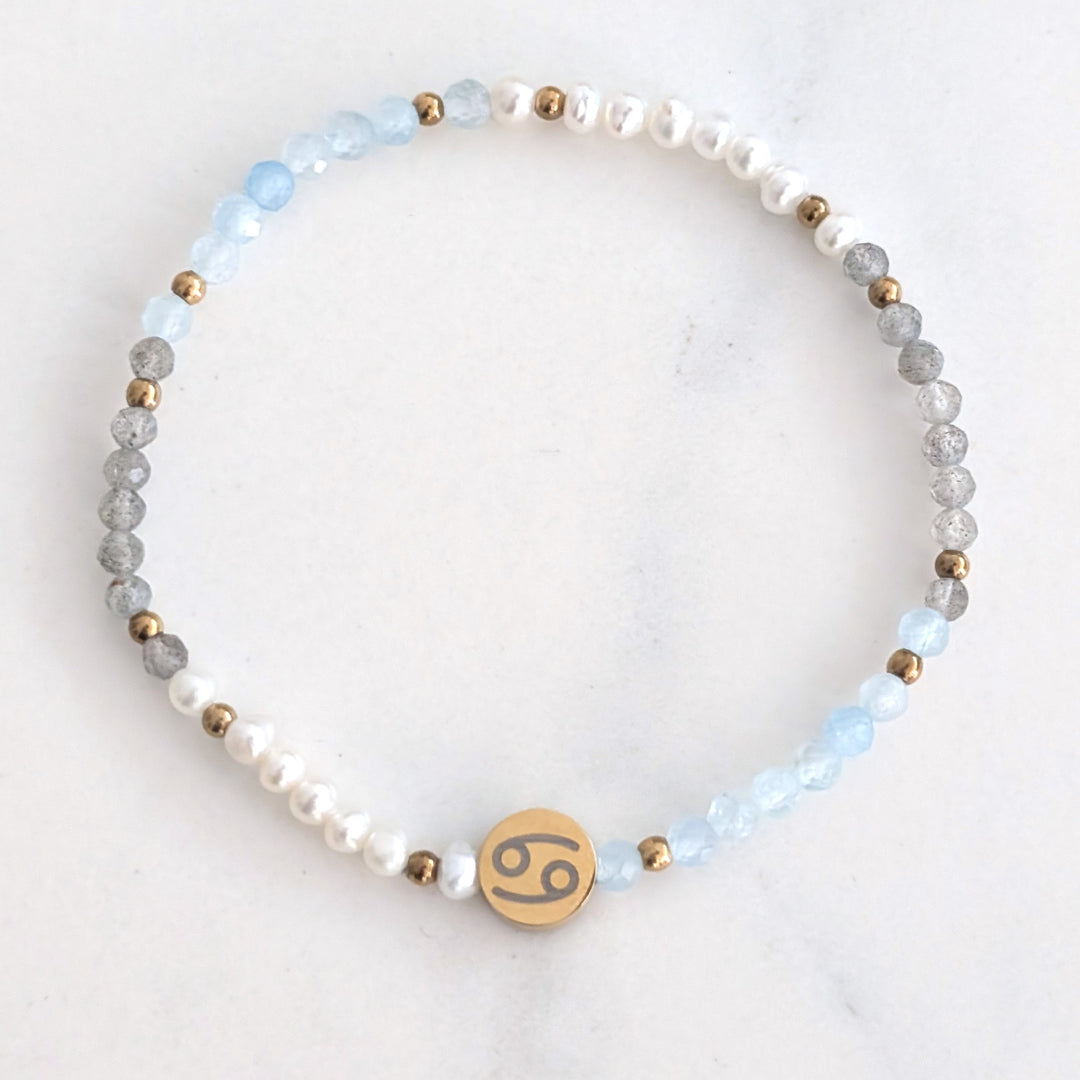 Aquamarine, labradorite and pearl Cancer zodiac gemstone bracelet 