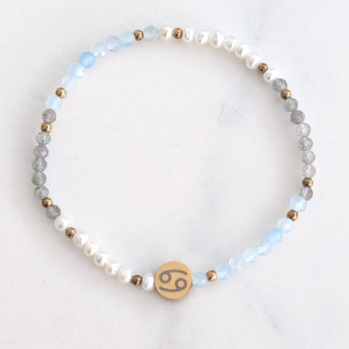 Aquamarine, labradorite and pearl Cancer zodiac gemstone bracelet 