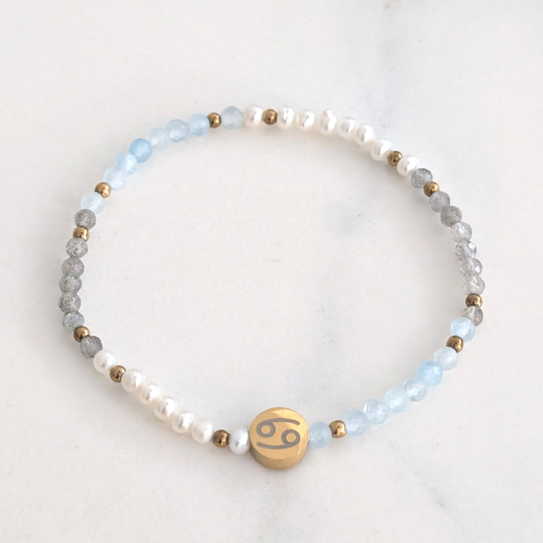 Aquamarine, labradorite and pearl Cancer zodiac gemstone bracelet 