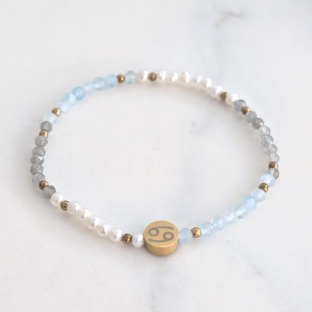 Aquamarine, labradorite and pearl Cancer zodiac gemstone bracelet 