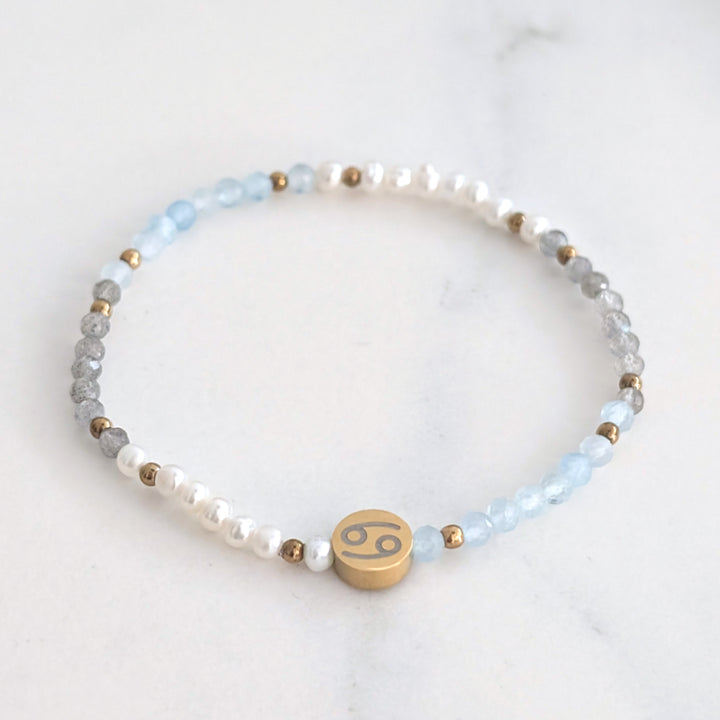 Aquamarine, labradorite and pearl Cancer zodiac gemstone bracelet 