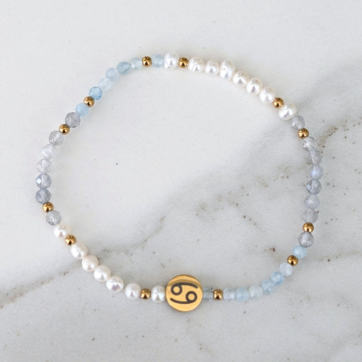 Aquamarine, labradorite and pearl Cancer zodiac gemstone bracelet 