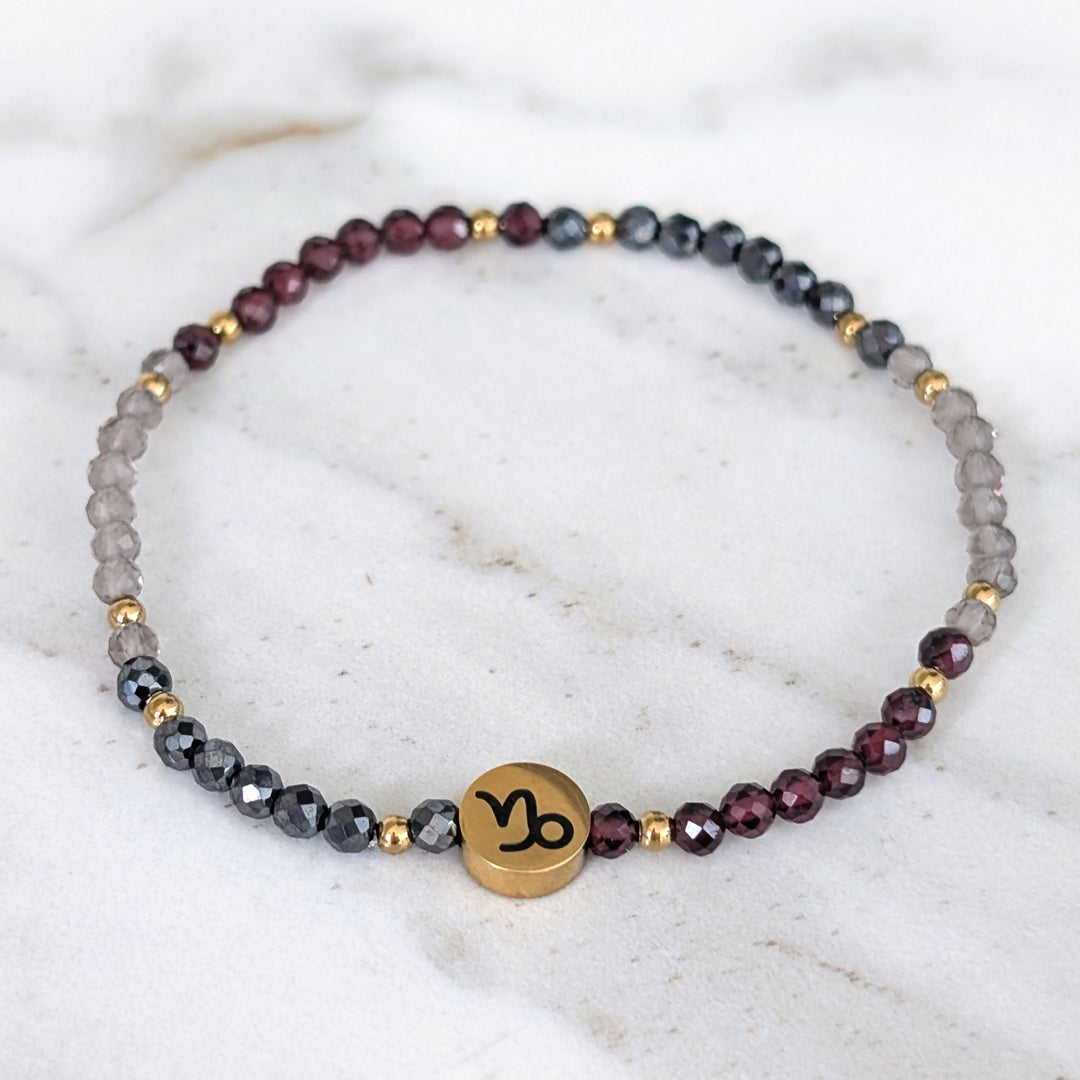 Garnet, smokey quartz and hematite Capricorn gemstone bracelet
