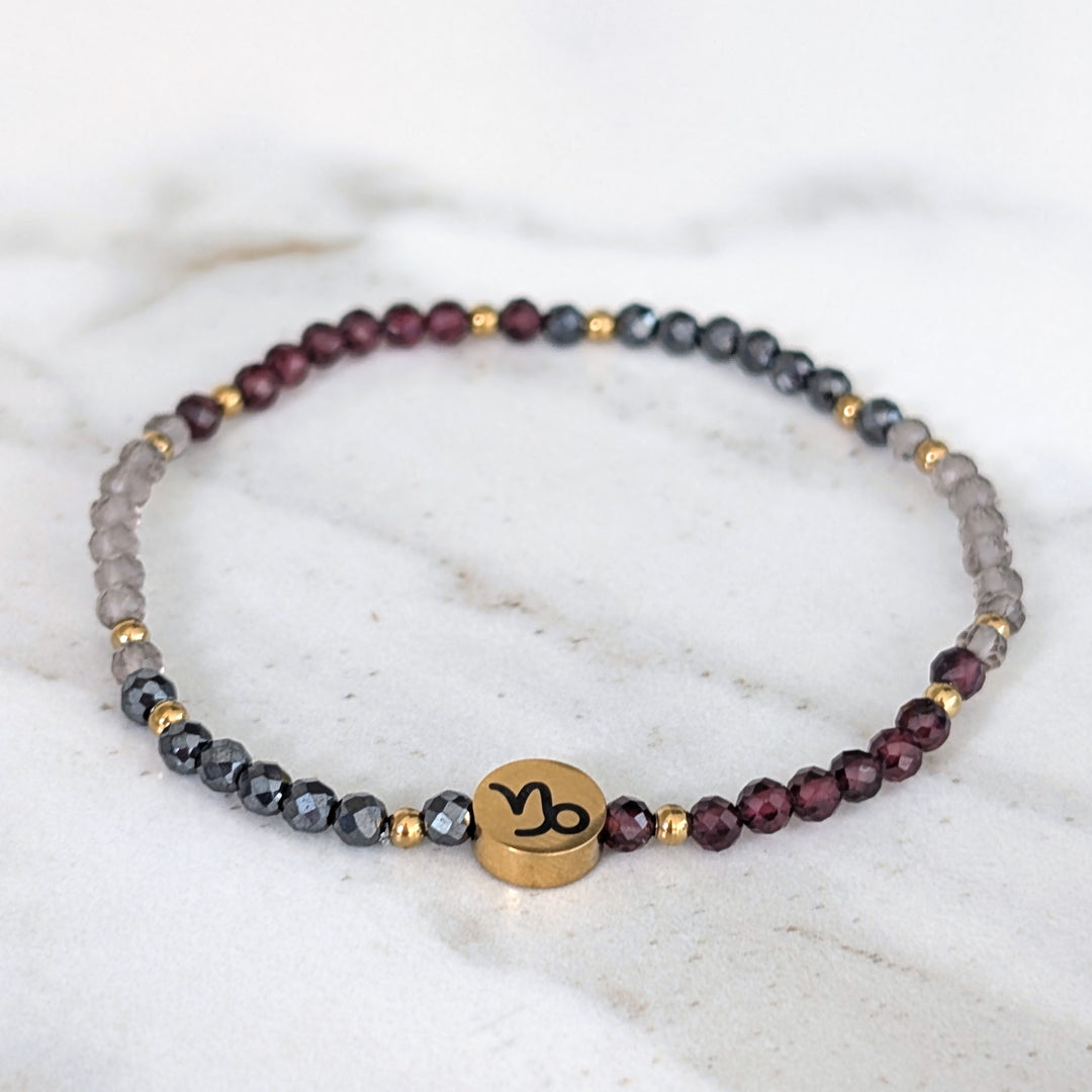 Garnet, smokey quartz and hematite Capricorn gemstone bracelet