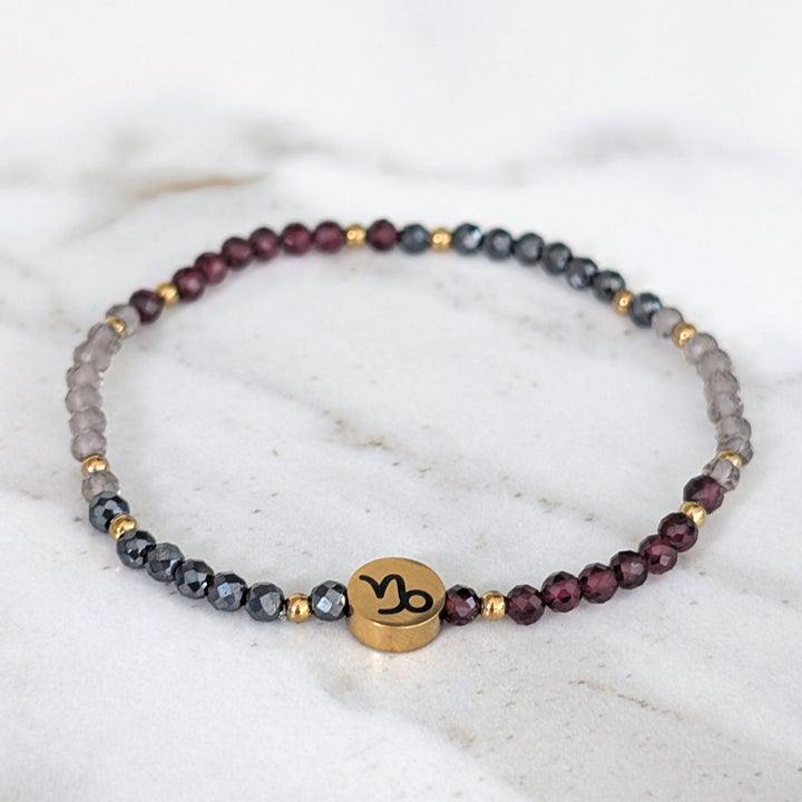 Garnet, smokey quartz and hematite Capricorn gemstone bracelet