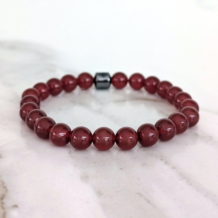 Men's 8mm bead carnelian gemstone bracelet.