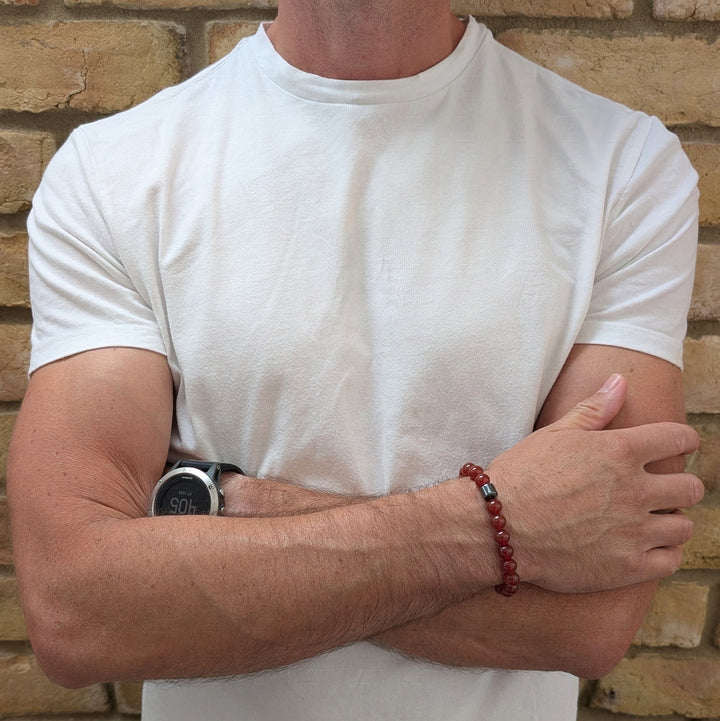 Men's 8mm bead carnelian gemstone bracelet.