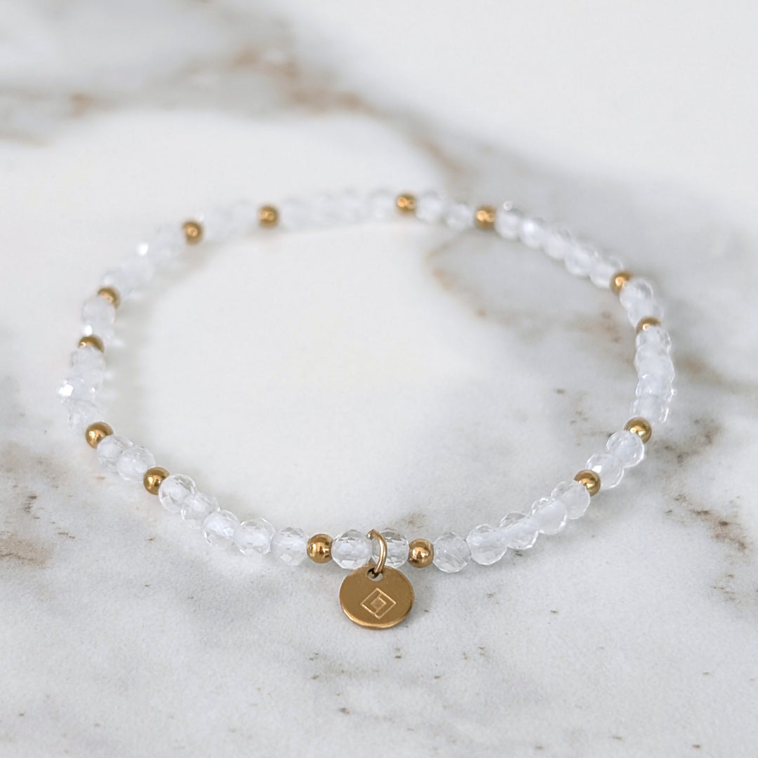 Clear quartz gemstone and gold bead April birthstone bracelet 