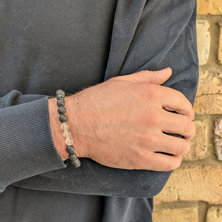Men's black lava stone and clear quartz April birthstone gemstone bracelet 