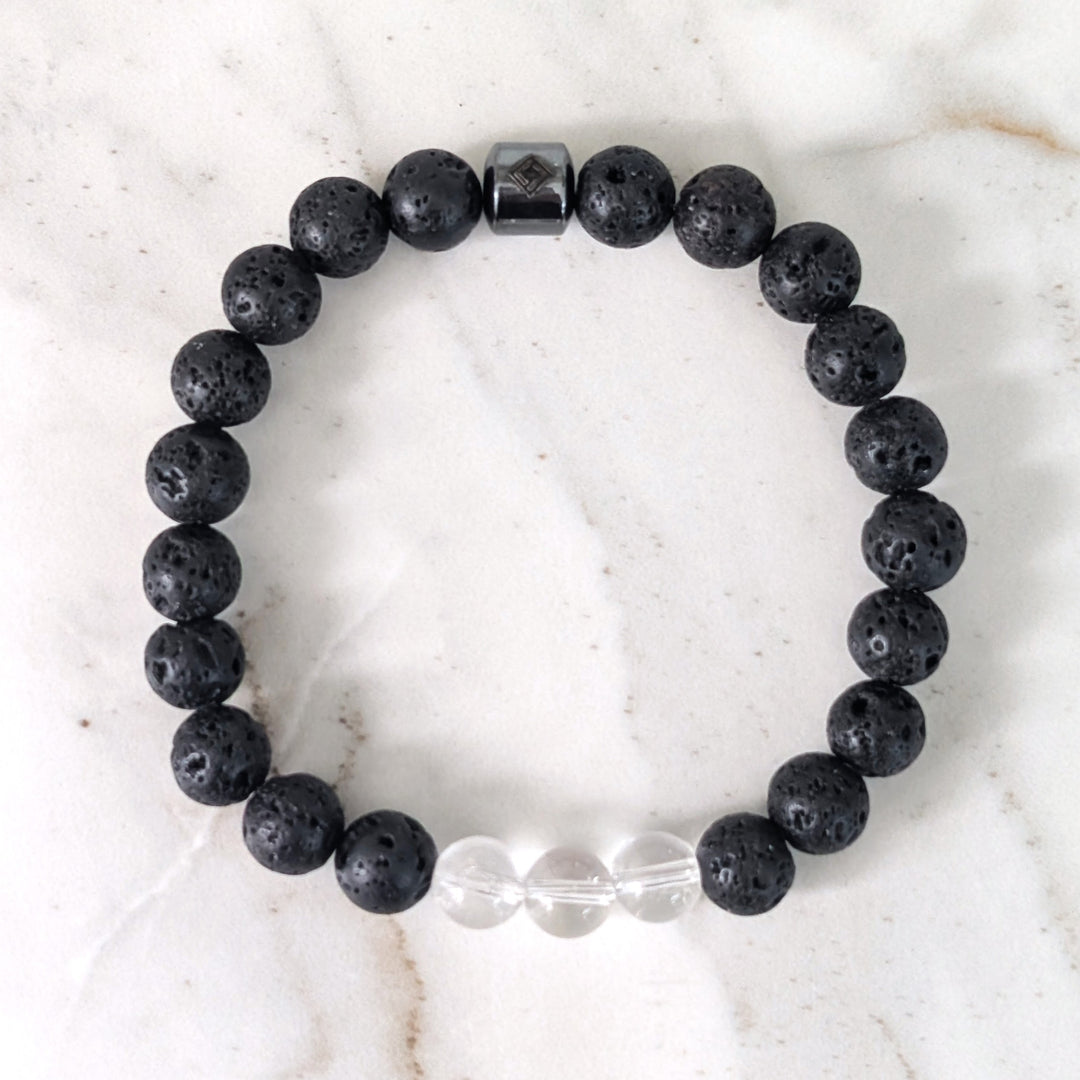 Men's black lava stone and clear quartz April birthstone gemstone bracelet 