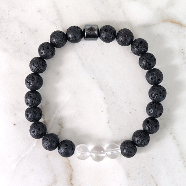 Men's black lava stone and clear quartz April birthstone gemstone bracelet 