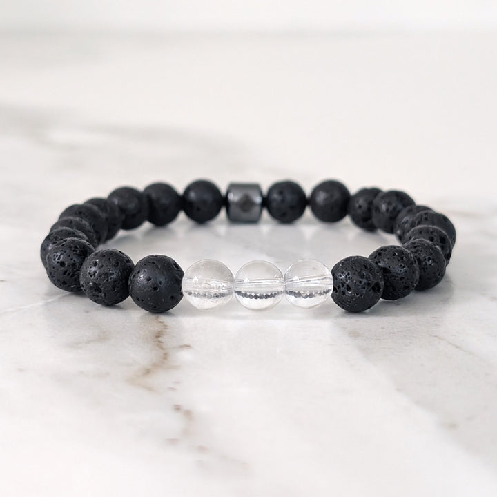 Men's black lava stone and clear quartz April birthstone gemstone bracelet 