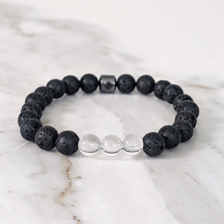 Men's black lava stone and clear quartz April birthstone gemstone bracelet 