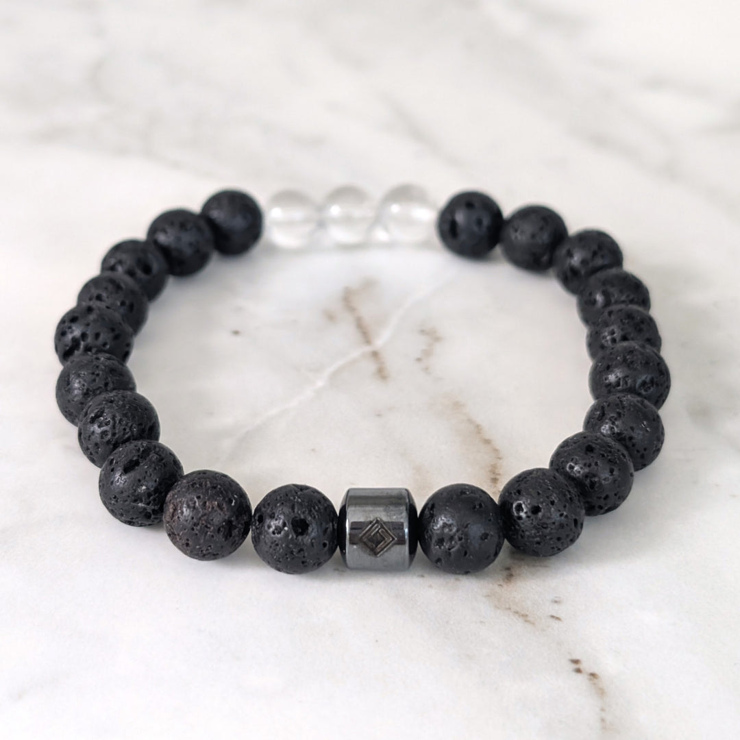 Men's black lava stone and clear quartz April birthstone gemstone bracelet 