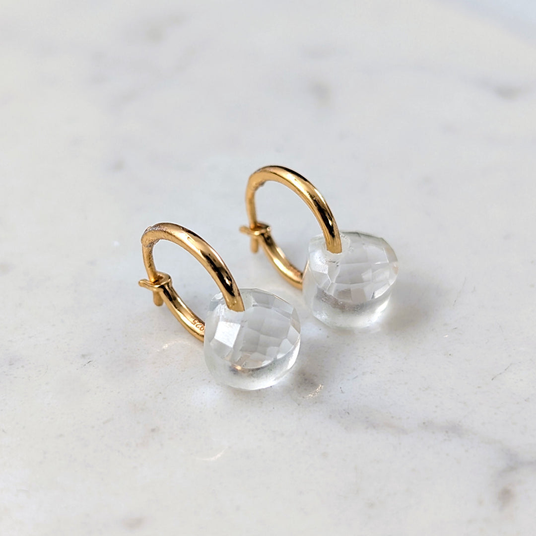 Gold hoop earrings with clear quartz faceted gemstone charms