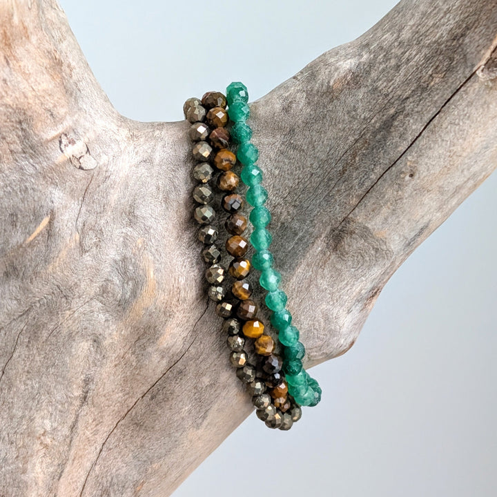 Confidence, Luck, Wealth and Abundance Gemstone Bracelet Set.  Pyrite, Green Aventurine and Tiger's Eye Gemstone Bracelets. 