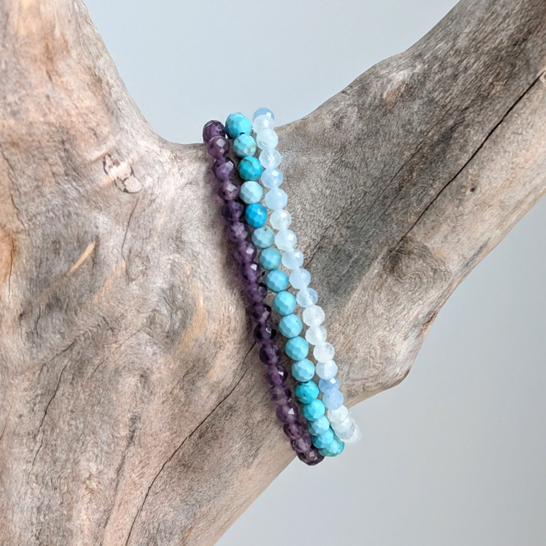 Create Calm Gemstone bracelet Set.  Amethyst, aquamarine and turquoise gemstone bracelets.