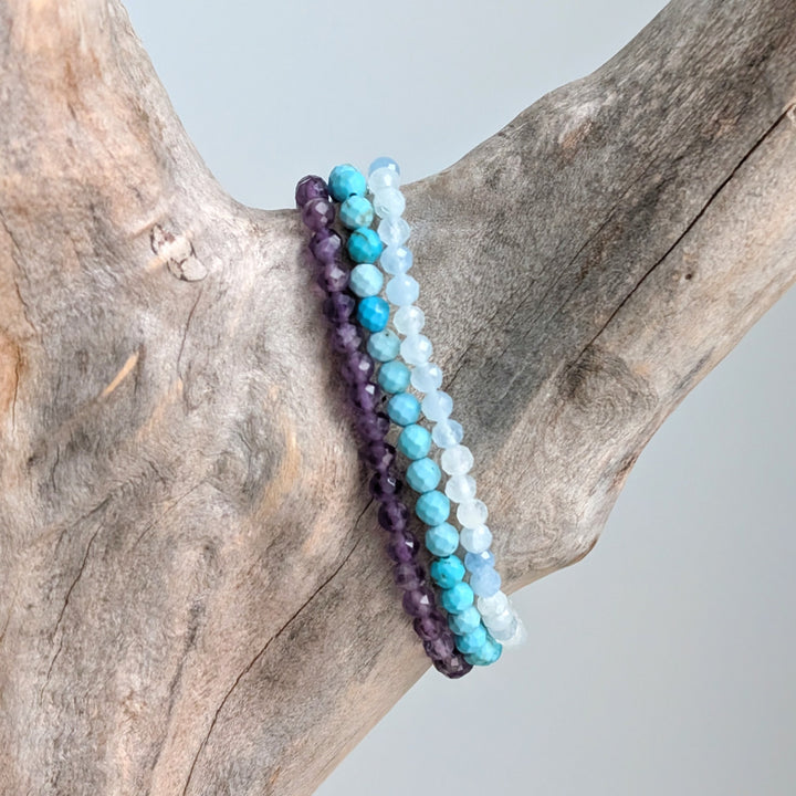 Create Calm Gemstone bracelet Set.  Amethyst, aquamarine and turquoise gemstone bracelets.