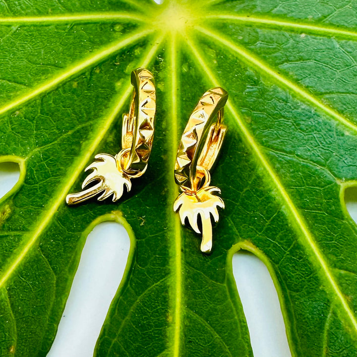 18 carat gold plated palm tree charm hoop earrings
