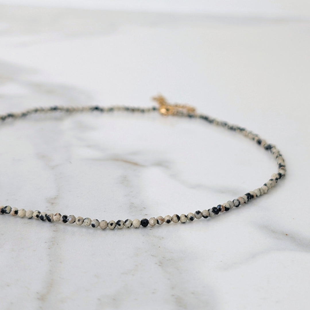 Dalmatian Jasper Skinny Gemstone Beaded Necklace, 2mm Faceted