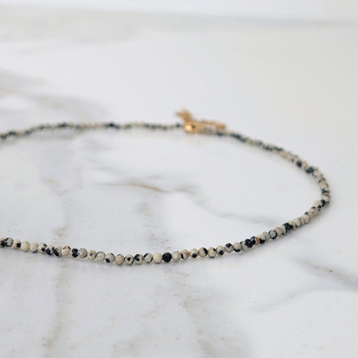 Dalmatian Jasper Skinny Gemstone Beaded Necklace, 2mm Faceted