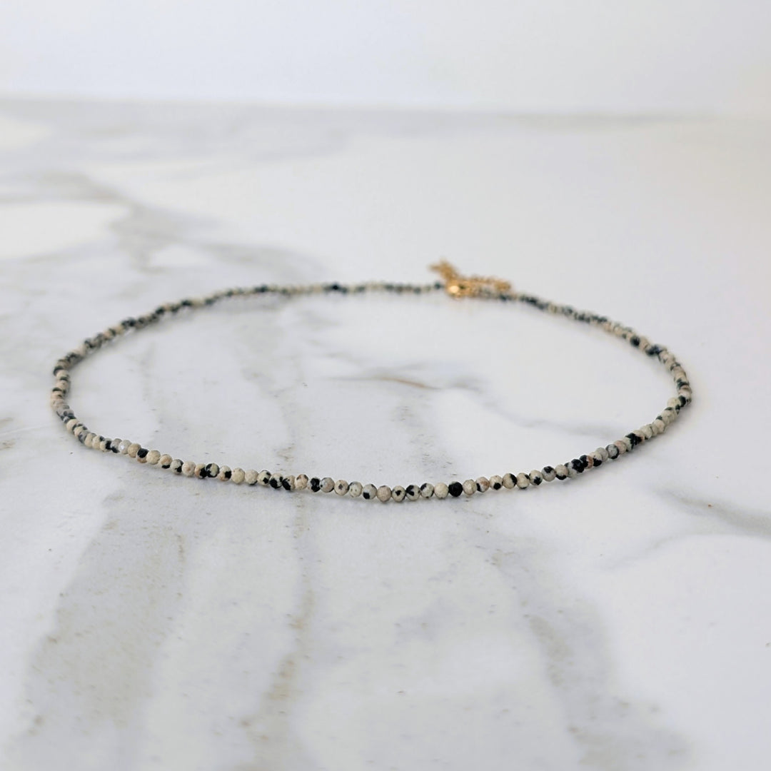 Dalmatian Jasper Skinny Gemstone Beaded Necklace, 2mm Faceted