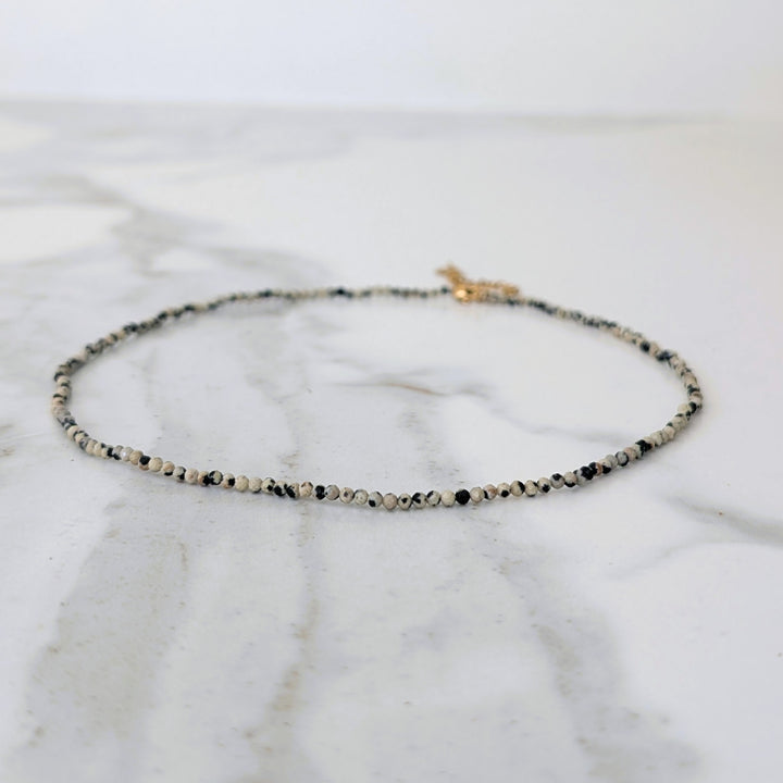 Dalmatian Jasper Skinny Gemstone Beaded Necklace, 2mm Faceted