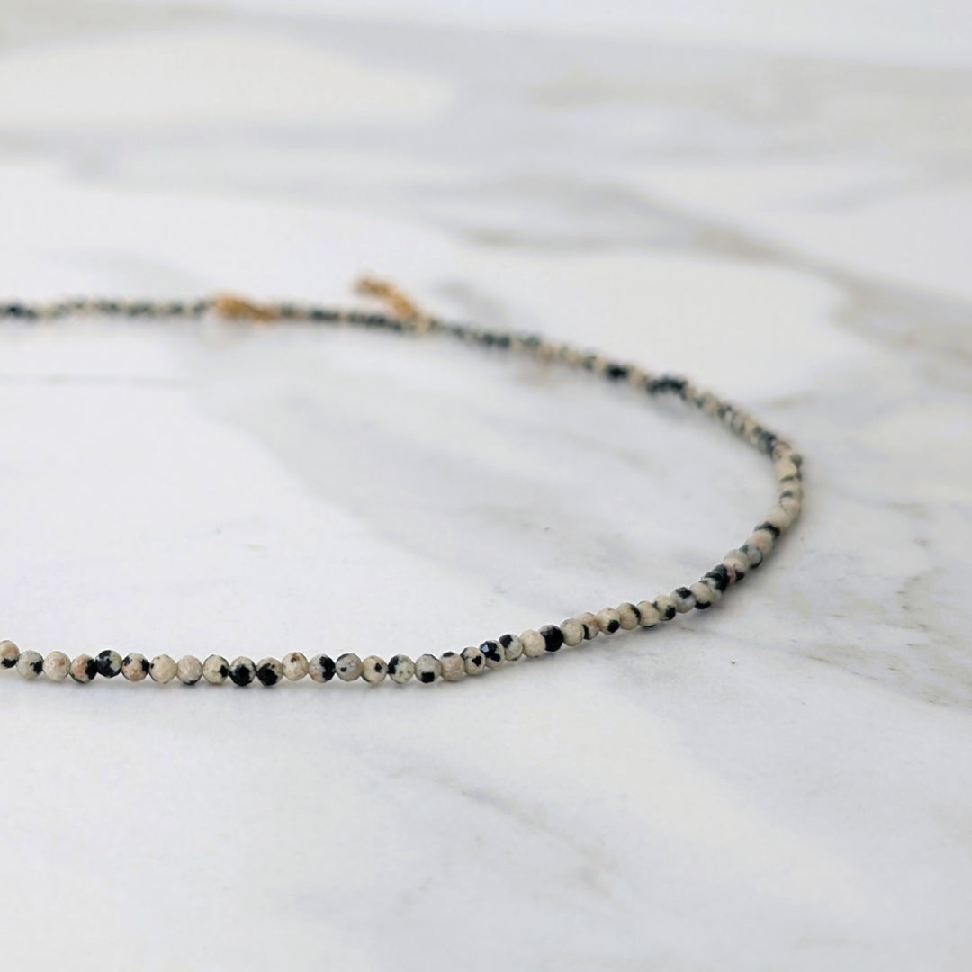 Dalmatian Jasper Skinny Gemstone Beaded Necklace, 2mm Faceted